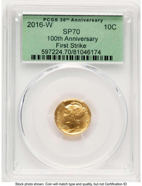 Bullionshark 2016-W 10C Modern Bullion Coin PCGS MS70   Mercury Dime - Gold 100th Anniversary - First Strike - HAT507770005 