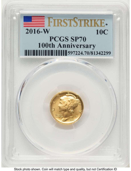 Bullionshark 2016-W 10C Modern Bullion Coin PCGS MS70   Mercury Dime - Gold 100th Anniversary - First Strike - HAT508212008 