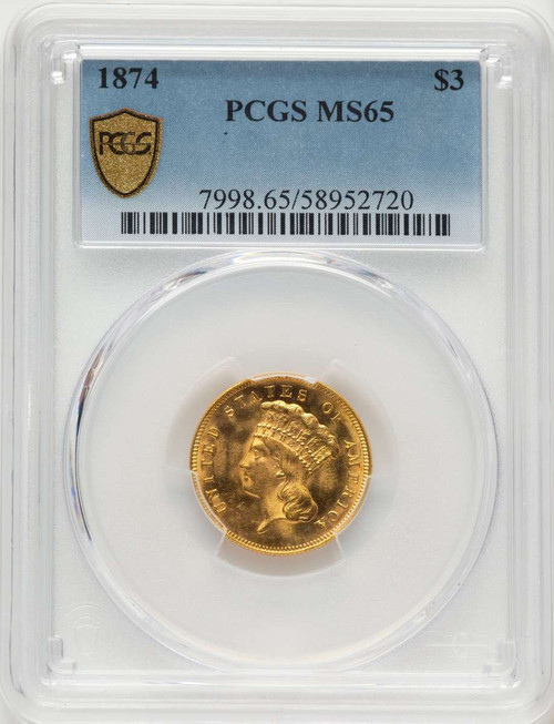 1874 $3 Three Dollar Gold  Coin PCGS MS65 coin front image