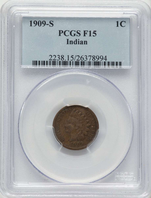 1909-S 1C Indian Head Cent Coin PCGS F15    BN coin front image
