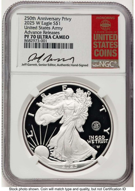 Bullionshark 2025-W $1 Proof American Silver Eagle Coin NGC PF70 UCAM - U.S. Army 250th Anniversary Privy - Advanced Release - HAT782662017 