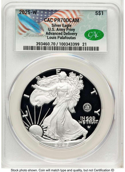 Bullionshark 2025-W $1 Proof American Silver Eagle Coin CACG PR70 DCAM - U.S. Army 250th Anniversary Privy - Advanced Release - HAT521912014 