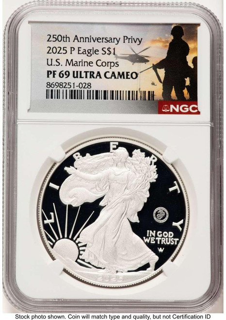 Bullionshark 2025-W $1 Proof American Silver Eagle Coin NGC PF69 UCAM - U.S. Marine Corps Privy - HAT522926074 