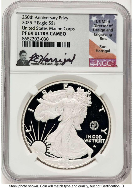Bullionshark 2025-W $1 Proof American Silver Eagle Coin NGC PF69 UCAM - U.S. Marine Corps Privy - HAT522365072 