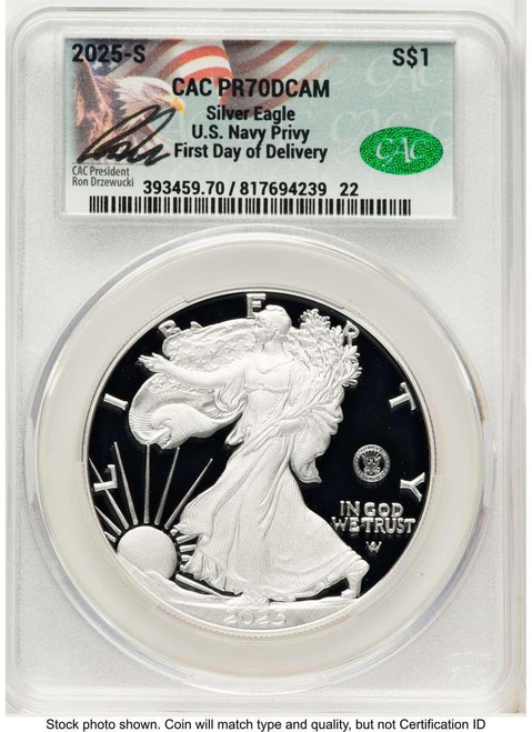 Bullionshark 2025-W $1 Proof American Silver Eagle Coin CACG PR70 DCAM - U.S. Navy Privy - First Day of Issue - HAT522150013 