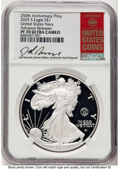 Bullionshark 2025-S $1 Proof American Silver Eagle Coin NGC PF70 UCAM - U.S. Navy Privy - Advanced Release - HAT522162136 