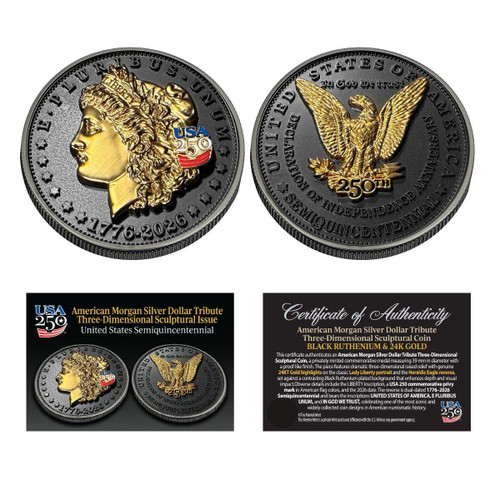  1776-2026 Morgan Dollar Tribute Three-Dimensional Sculptural Coin Black Ruthenium & 24K Gold highlights 