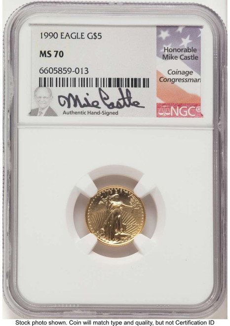 Bullionshark 1990 $5 1/10 oz American Gold Eagle Coin NGC MS70 - HAT759232028 