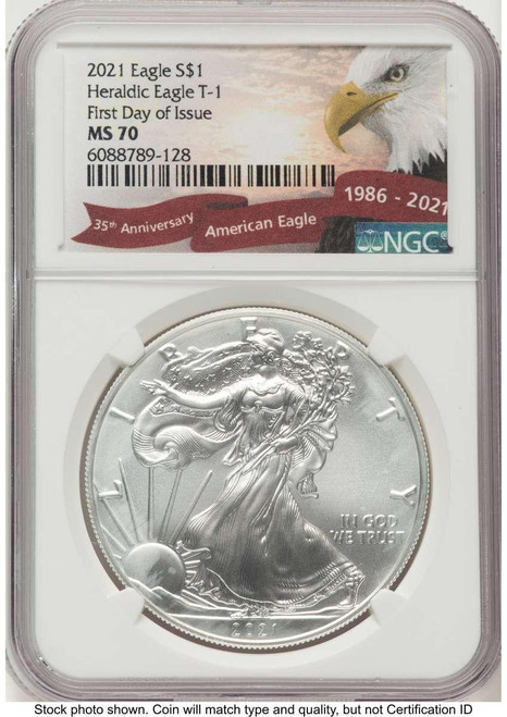 Bullionshark 2021 S$1 American Silver Eagle Coin NGC MS70 - Type One - First Day of Issue - HAT779075045 