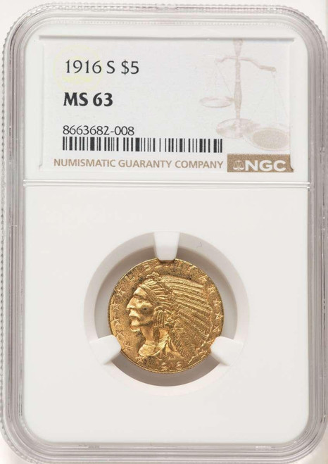 Bullionshark 1916-S $5 Indian Gold Half Eagle Coin NGC MS63 - HAT507570025 