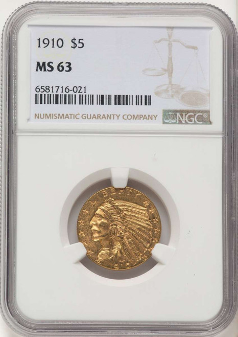 1910 $5 Indian Gold Half Eagle Coin NGC MS63 coin front image