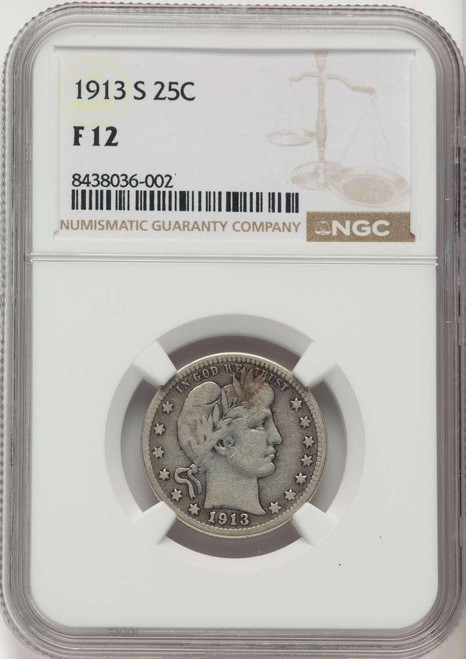 Bullionshark 1913-S 25C Barber Quarter Coin NGC F12 - HAT508052019 