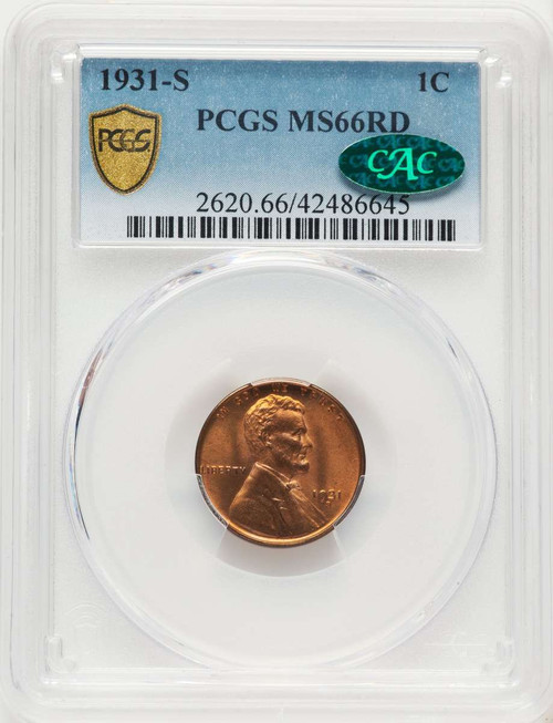 1931-S 1C Lincoln Cent Coin PCGS MS66  CAC    RD coin front image