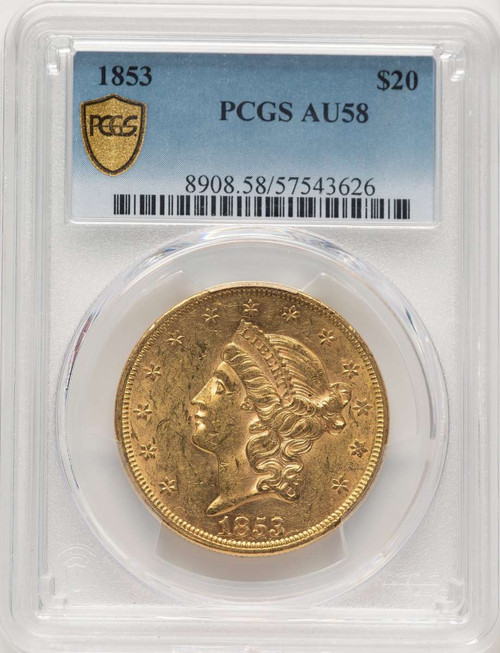 1853 $20 Liberty Gold Double Eagle PCGS AU58 coin front image