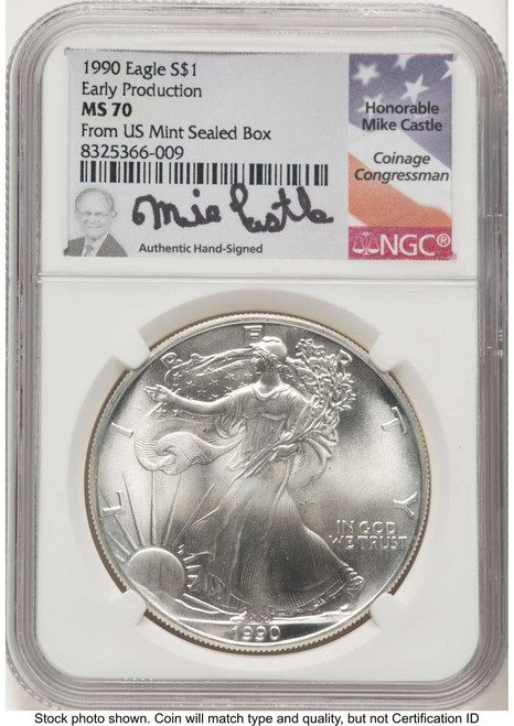 1990 S$1 American Silver Eagle Coin NGC MS70 coin front image