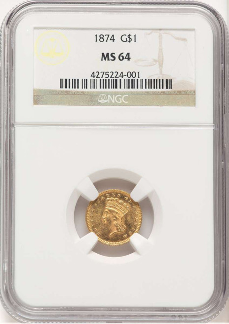 1874 G$1 Gold Dollar Coin NGC MS64 coin front image