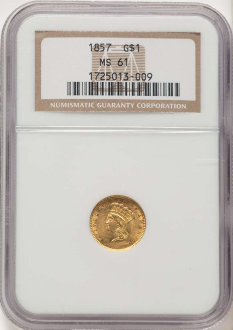 1857 G$1 Gold Dollar Coin NGC MS61 coin front image