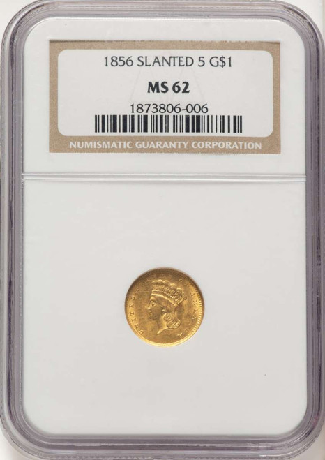 1856 G$1 Gold Dollar Coin NGC MS62   Slanted 5 coin front image