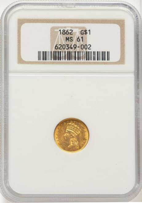 1862 G$1 Gold Dollar Coin NGC MS61 coin front image