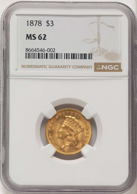 1878 $3 Three Dollar Gold  Coin NGC MS62 coin front image