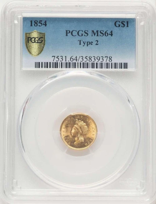 Bullionshark 1854 G$1 Gold Dollar Coin PCGS MS64   Type Two - HAT787422024 