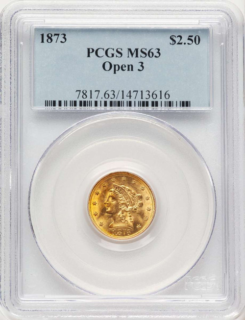 1873 $2.5 Liberty Gold Quarter Eagle Coin PCGS MS63   Open 3 coin front image