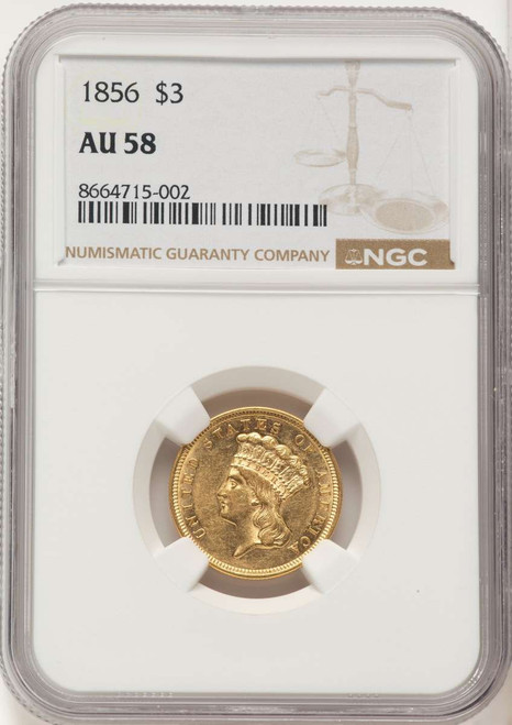 1856 $3 Three Dollar Gold  Coin NGC AU58 coin front image