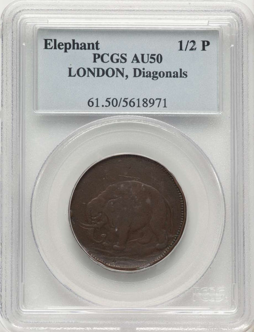 (1694) 1/2 P Colonial Coin PCGS AU50   London Elephant Token - Diagonals - BN coin front image