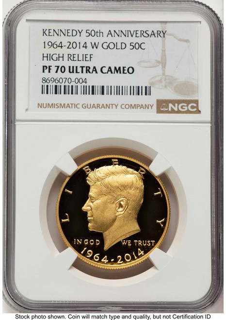 2014-W 50C Proof Kennedy Half Dollar Coin NGC PF70   Gold - 50th Anniversary coin front image