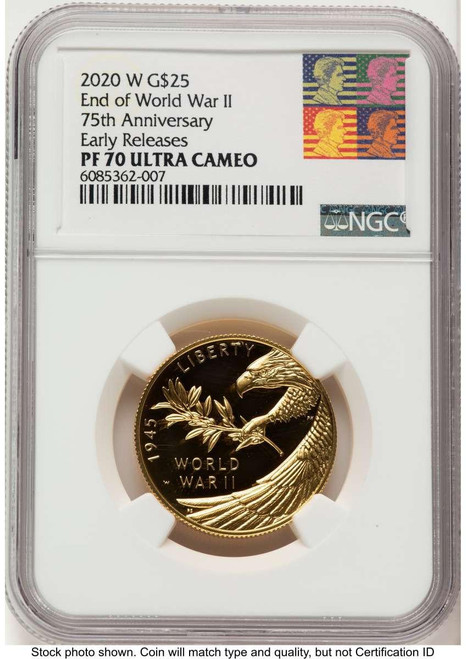 Bullionshark 2020-W $25 Proof Modern Bullion Coin NGC PF70   End of World War II 75th Anniversary Gold $25 - HAT789532013 