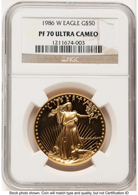 1986-W G$50 Proof 1 oz American Gold Eagle Coin NGC PF70 UCAM coin front image