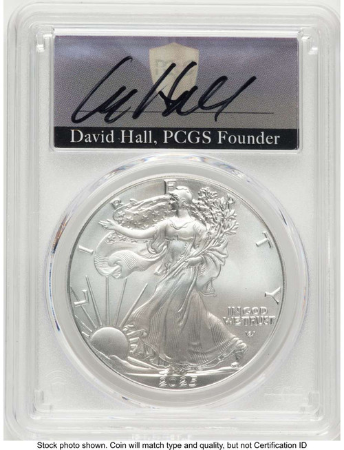2025 $1 American Silver Eagle Coin PCGS MS70 - First Day of Issue - David Hall coin front image
