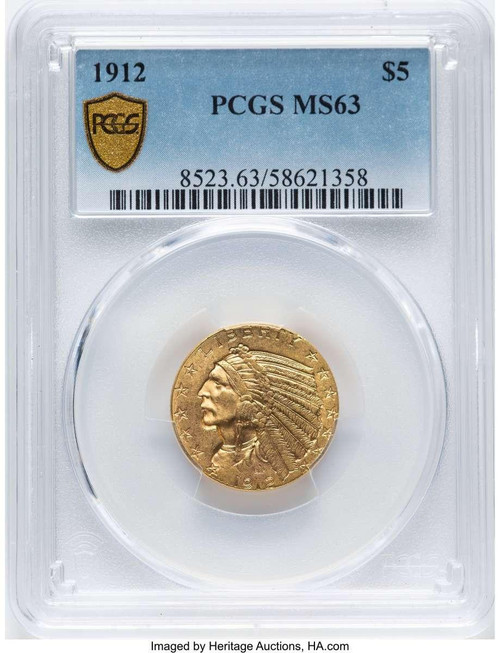 Bullionshark 1912 $5 Indian Gold Half Eagle Coin PCGS MS63 - HAT789966001 