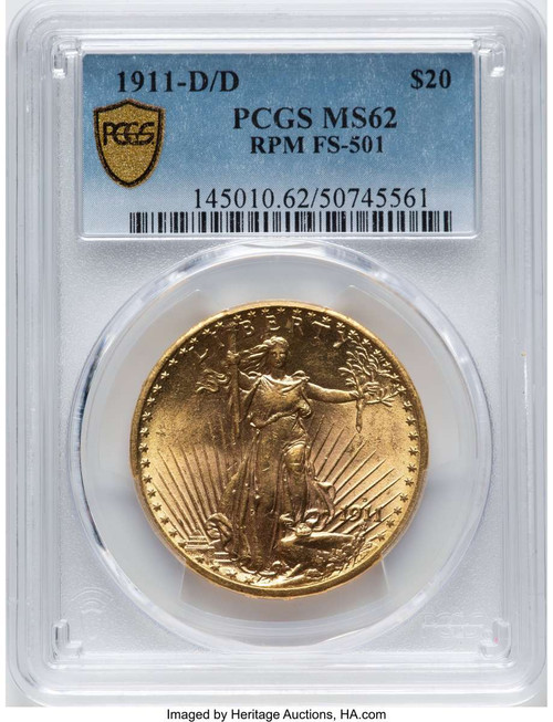 1911-D/D $20 Saint Gaudens Double Eagle PCGS MS62   FS-501 coin front image