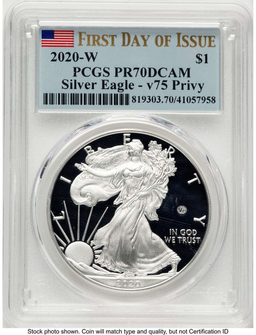 2020-W S$1 Proof American Silver Eagle Coin PCGS PR70 DCAM - v75 Privy - First Day of Issue coin front image