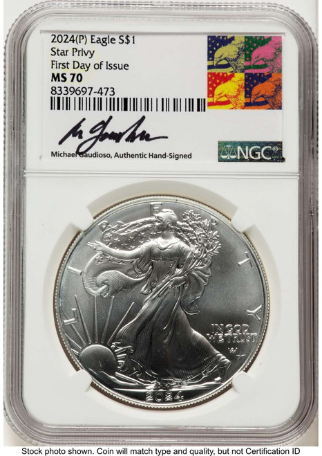 2024(-P) $1 American Silver Eagle Coin NGC MS70   with Star Privy - Struck at Philadelphia coin front image