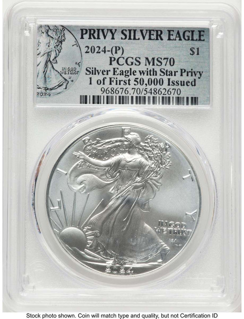 2024(-P) $1 American Silver Eagle Coin PCGS MS70   with Star Privy - Struck at Philadelphia - 1 of First 50 - 000 Issued coin front image
