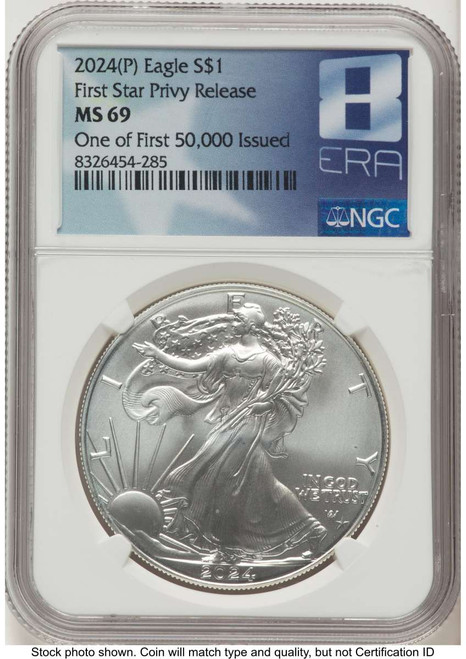 2024(-P) $1 American Silver Eagle Coin NGC MS69   with Star Privy - Struck at Philadelphia coin front image