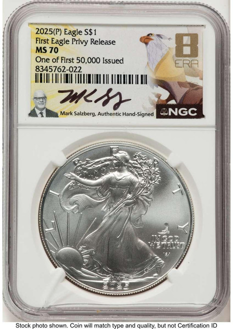 Bullionshark 2025(-P) $1 American Silver Eagle Coin NGC MS70   with Eagle Privy - Struck at Philadelphia - 1 of First 50 - 000 Issued - HAT788414049 