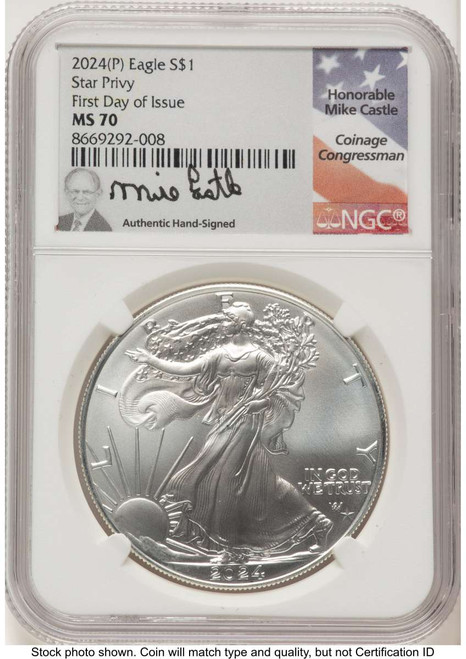 2024(-P) $1 American Silver Eagle Coin NGC MS70   with Star Privy - Struck at Philadelphia coin front image