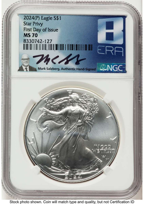 2024(-P) $1 American Silver Eagle Coin NGC MS70   with Star Privy - Struck at Philadelphia - First Day of Issue coin front image