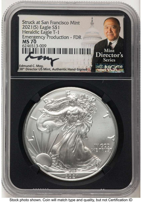 2021-(S) S$1 American Silver Eagle Coin NGC MS70 - Type One - Emergency Issue Struck at San Francisco - First Day of Issue coin front image