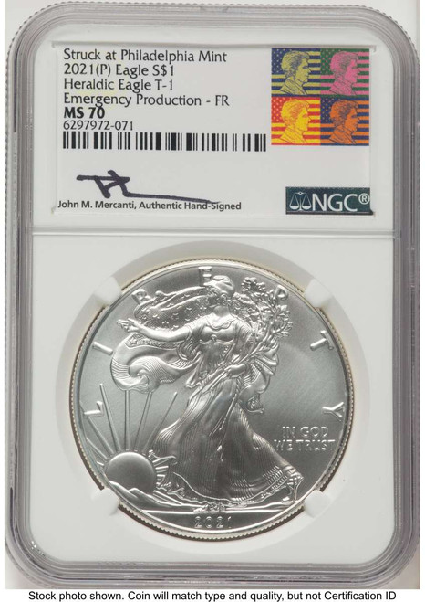2021-(P) S$1 American Silver Eagle Coin NGC MS70 - Type One - Emergency Issue Struck at Philadelphia - First Strike coin front image