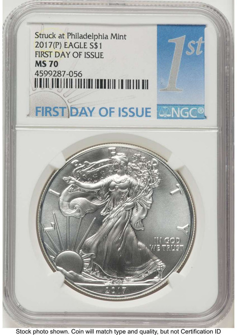 2017-(P) $1 American Silver Eagle Coin NGC MS70 - Struck at Philadelphia - First Day of Issue coin front image
