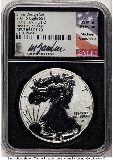 2021-S S$1 Reverse Proof American Silver Eagle Coin NGC rev PF70 - Type Two - First Day of Issue - Designer Edition coin front image