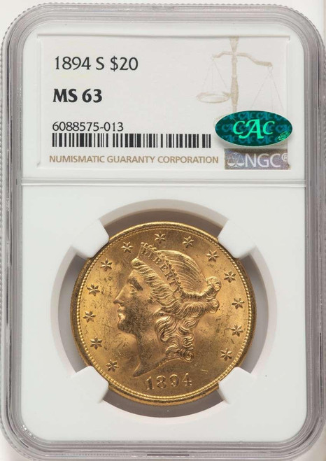 Bullionshark 1894-S $20 Liberty Gold Double Eagle NGC MS63  CAC - HAT788062022 