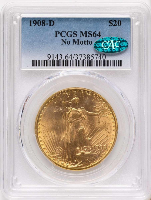 Bullionshark 1908-D $20 Saint Gaudens Double Eagle PCGS MS64  CAC  No Motto - HAT508333005 