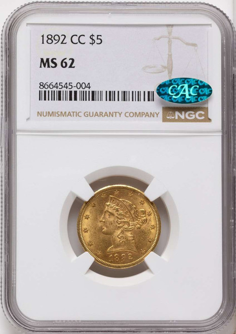 1892-CC $5 Gold Liberty NGC MS62  CAC coin front image