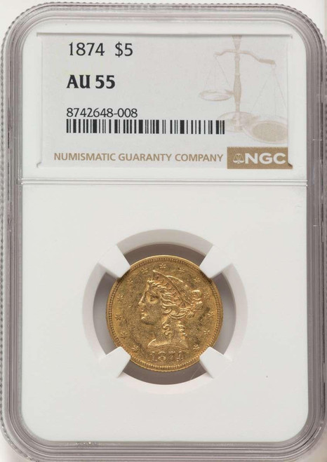 Bullionshark 1874 $5 Gold Liberty NGC AU55 - HAT508237002 
