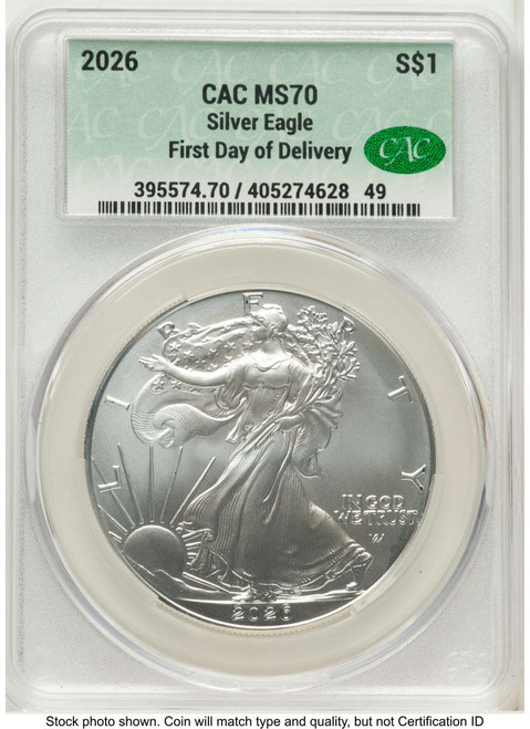 2026 $1 American Silver Eagle Coin CACG MS70 - First Day of Issue coin front image